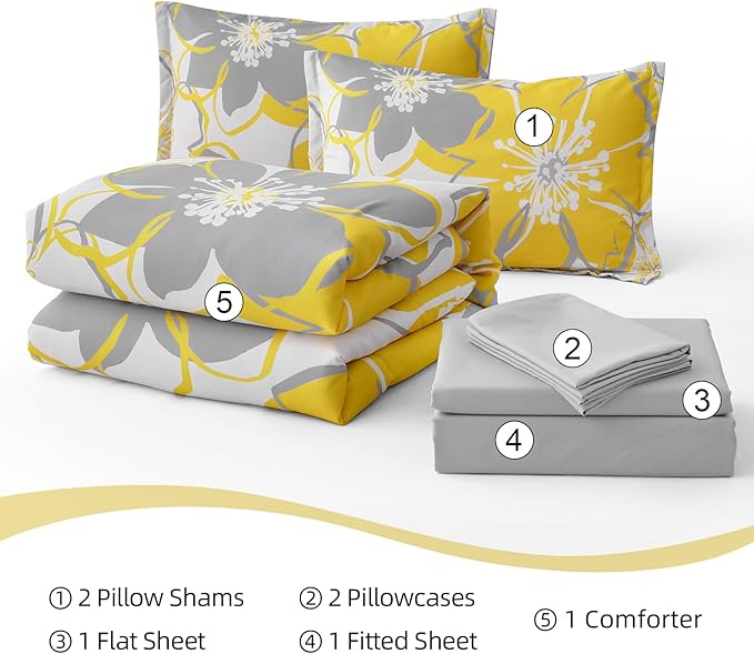 Anibedding Yellow Floral Comforter Set Full Size 7 Pieces Reversible Bed in a Bag with Sheets Set for All Season, Soft Microfiber Complete Bedding Set All Season (78''x90'')