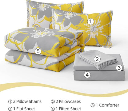 Anibedding Yellow Floral Comforter Set California King Size 7 Pieces Reversible Bed in a Bag with Sheets Set for All Season, Soft Microfiber Complete Bedding Set All Season