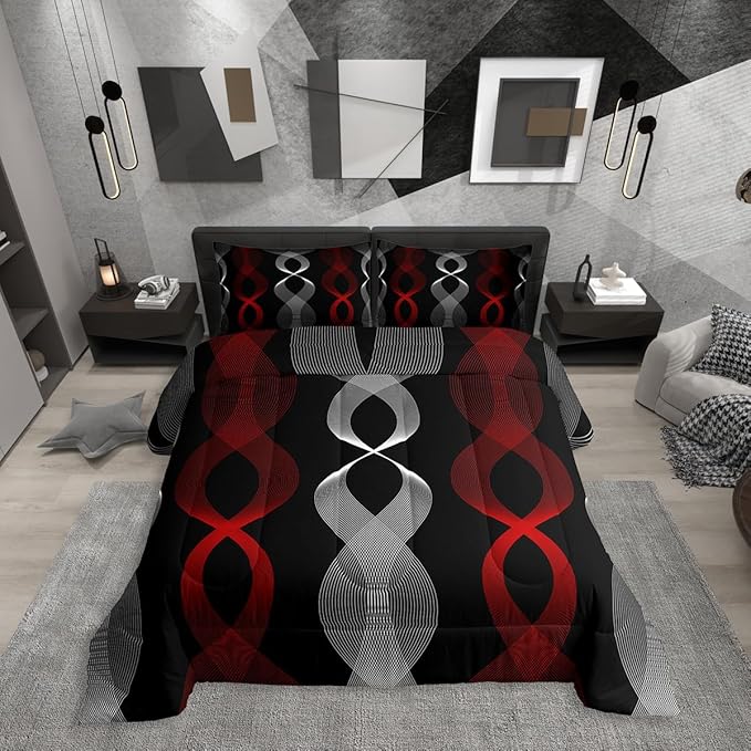 Erosebridal Red and Black Bedding Set King for Adults, Red Striped Comforter Set for Women Men Teens Adults Bedroom, Ombre Geometric Stripes Abstract Comforter, Contemporary Boho Modern Art Quilt