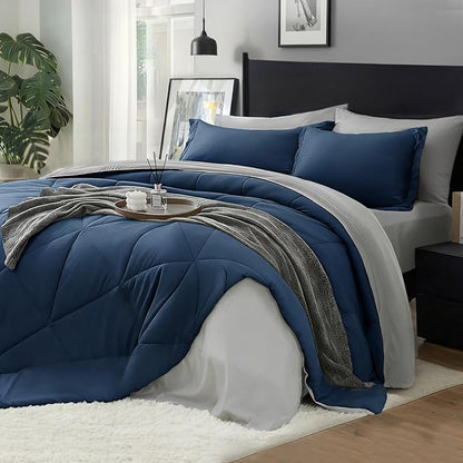 BEDELITE King Size Comforter Set 7 Pieces Bed in A Bag - Soft Microfiber Reversible Calm Blue Bed Set with Comforters, Sheets, Pillowcases & Shams, Cozy Luxury Bedding Sets for All Season