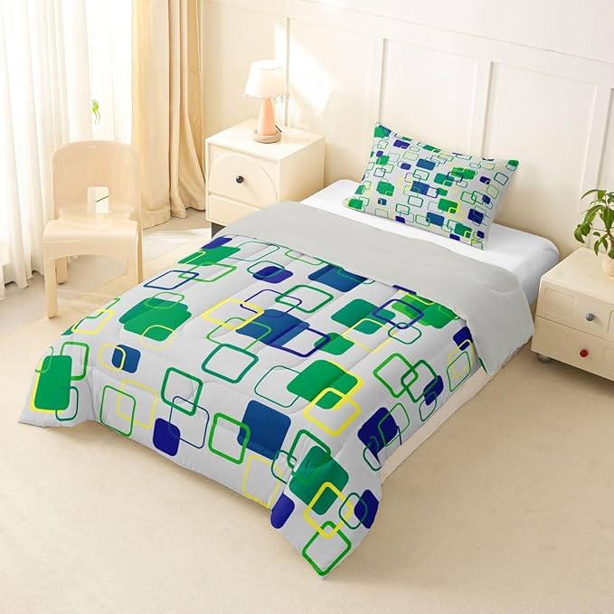 Erosebridal Green Geometric Toddler Comforter Set Abstract Minimalist Square Bedding Set Modern Aesthetic Stripes Comforter for Kids Girls Boys Color Block Grid Quilt Duvet