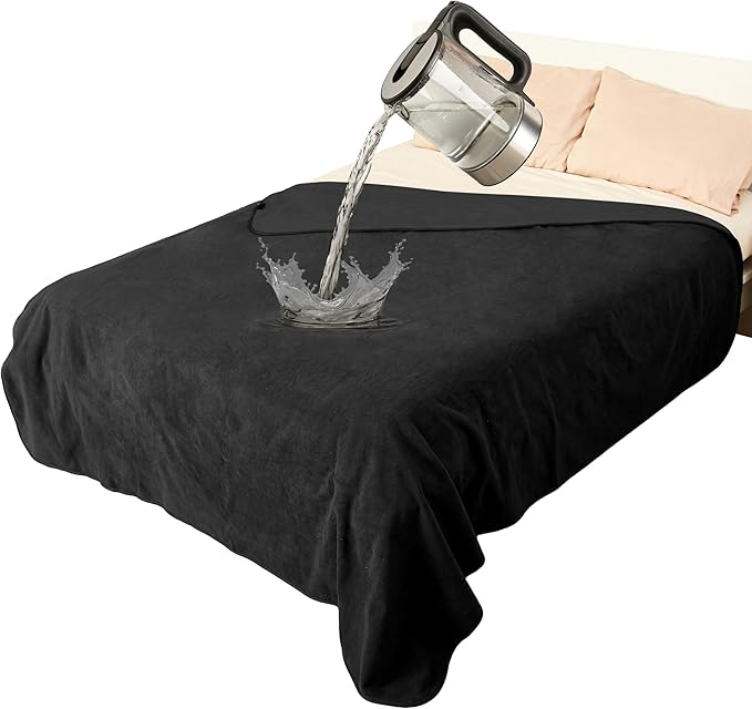 Catalonia Waterproof Blanket for Bed, Reversible Fleece Bed Sofa Cover, Washable Liquid Proof Furniture Protector, Black