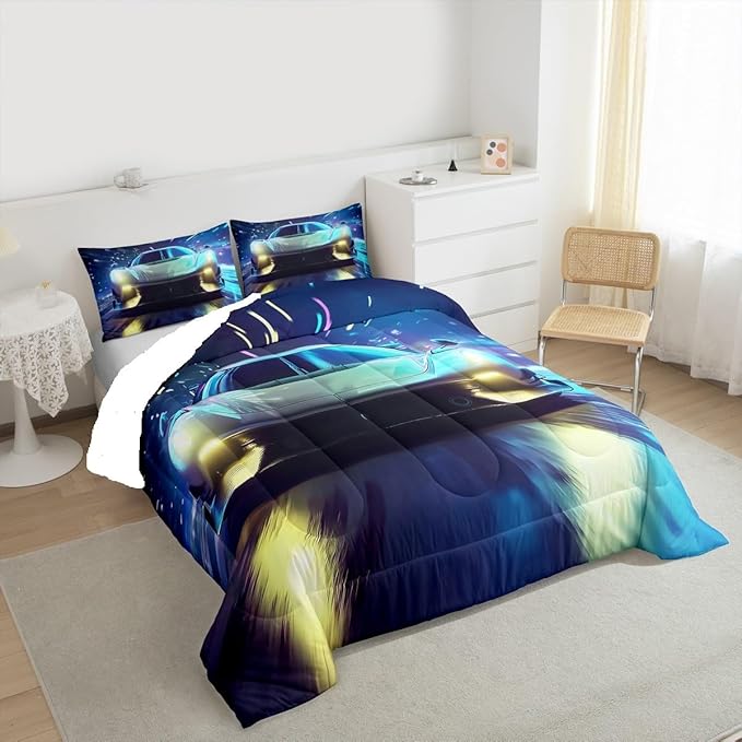 Boys' Race Car Duvet, Cool Sports Car Comforter Set For Men & Women, Extreme Sports Racer Bedding Set Full, Yellow Automobile Quilt Set, 1 Comforter Set With 2 Pillowcases, Lightweight, Blue
