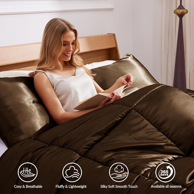 Whale Flotilla 3-Piece Reversible Silky Soft Queen Comforter Bedding Set, Luxurious Satin Comforters Full Size with 2 Satin Pillowcases, Lightweight Duvet for All Seasons, Brown