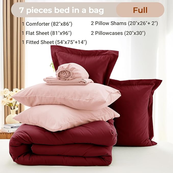MUXHOMO 7 Pieces Full Comforter Set, Soft Bed in a Bag Full Size, All Season Bedding Set with Comforter, Flat Sheet, Fitted Sheet, Pillowcases & Shams, Burgundy & Rose Gold