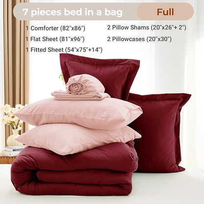 MUXHOMO 7 Pieces Full Comforter Set, Soft Bed in a Bag Full Size, All Season Bedding Set with Comforter, Flat Sheet, Fitted Sheet, Pillowcases & Shams, Burgundy & Rose Gold