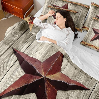 Erosebridal Western Texas Star 7 Pieces Bedding Set Queen Size Retro Farmhouse Barn Comforter Set for Teens Kids Bedroom Terracotta Star Print Comforter with Sheets Rustic Vintage Grain Duvet Insert