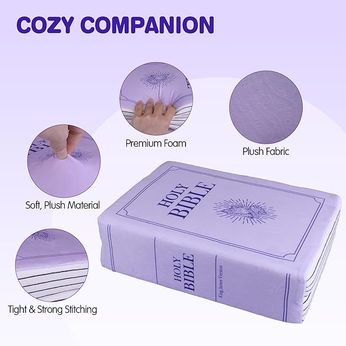 Bible Pillow Book Plush That Opens, Cozy Faith Bible Plushies, for Kids Adults Christian Gifts, Decoration for Bedrooms, Living Rooms (Purple)