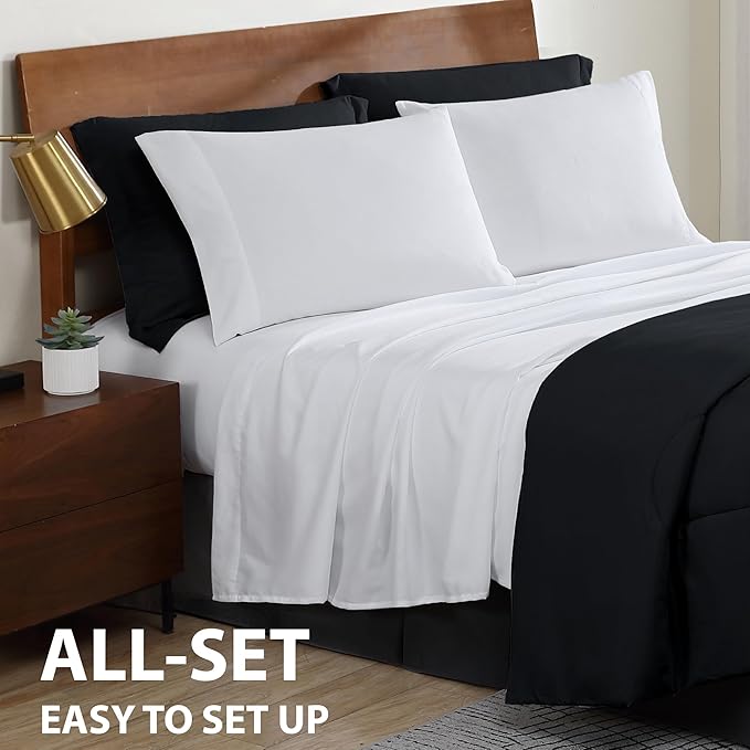 Cathay Home Basic Bedding Home Essential Ultra Soft Lightweight 8PC Wrinkle Resistant Microfiber Bed in a Bag Set (Includes Complete Sheet Set, Comforter Set & Bedskirt) - Full, Black