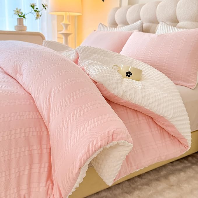 Boho Comforter Set King Size Striped Pleats Bohemian Seersucker Bedding Set All Season Soft Cozy 3 Pieces Quilt with 2 Pillowcases(104"X90" Blush Pink)