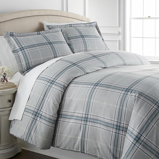 Southshore Fine Living, Inc. Vilano Plaid Collection - Twin Bed Comforter Set, Dorm Premium Bedding, All-Season Down Alternative Lightweight, Oversized 2-Piece Soft Comforter Set, Twin/XL, Grey