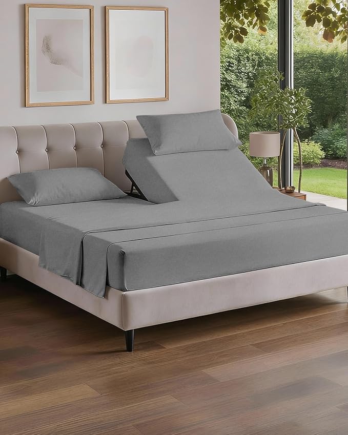 Split Head King Sheet Set – 4 Piece Flex Split Top King Sheets for Adjustable Beds - Fits 14” to 16" Mattress w/ Deep Pockets - Breathable & Cooling - Luxury Bedding and Wrinkle Free - Heathered Grey