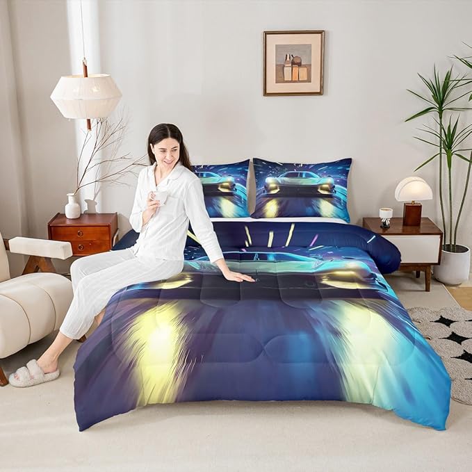 Erosebridal Racing Car Comforter Set - King Size Duvet Set Speed Car Quilt Set Extreme Sports Bedding Set for Kids Boys Teens Young Man Adults