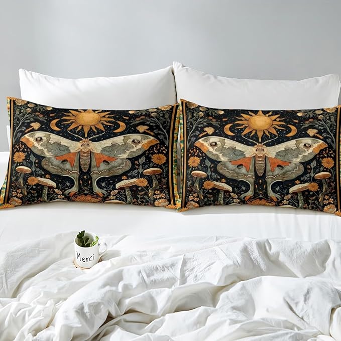 Erosebridal Mystical Luna Moth Comforter Set Full, Halloween Moth Mushroom Bedding Set, Bohemia Floral Black Comforter for Teens Women Men for Boho Room Decor, Vintage Aesthetic Quilt