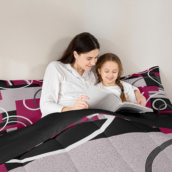 Erosebridal Modern Red Gray Black Bedding Queen Size Abstract Circles Striped Comforter Set Geometric Spiral Checkered Duvet Insert Chic Texture Quilted Comforter Bedroom Decor with 2 Pillow Covers
