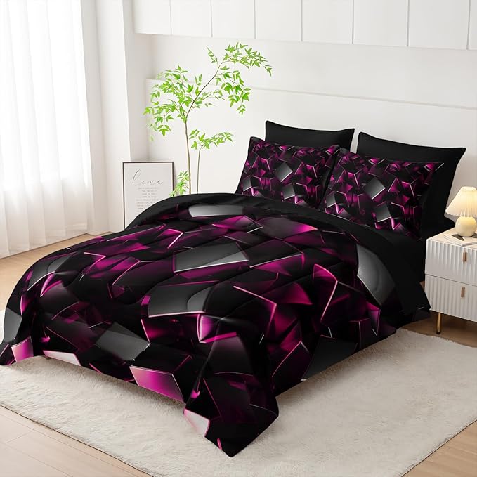 Black and Pink Geometric Comforter Set King Size 7PCS,Abstract Triangular Printed Bedding Set for Adults,Geometric Mordern Art Decor All Seasons with Pillowcases,Flat, Fitted Sheet