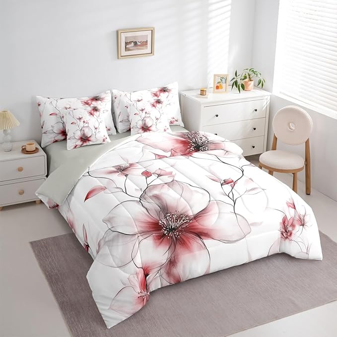 Erosebridal Bohemian Flower Twin 7 Pcs Bedding Set, Red Floral Comforter Set with Sheets for Women Adults Girls, Chic Watercolor Flower Boho Bed Sets, Ink Painting Style Blossom & Leaf Bed in A Bag