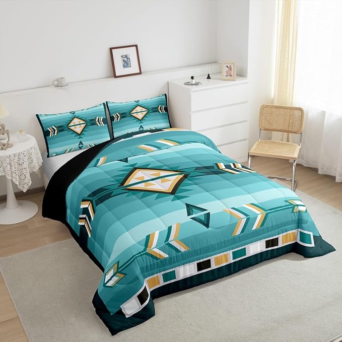 Erosebridal Turquoise Western Comforter Set Toddler Teal Southwestern Aztec Country Bedding Set Rustic Farmhouse Bedding Comforter Sets for Kids Adults Exotic Ethnic Tribal Bed Set 1 Pillow Case