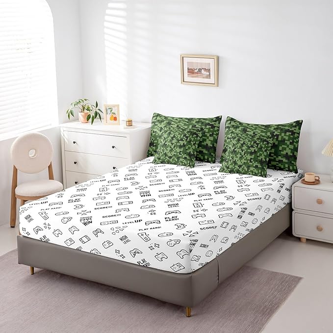 Green Camo 7Pcs Comforter Set Queen,Army Green Camouflage Bedding Set for Kids Boys Teens Men Room Decor,Geometric Grid Patchwork Fitted Flat Sheet Reversible Gamepad 2 Throw Pillow,2 Pillowcases