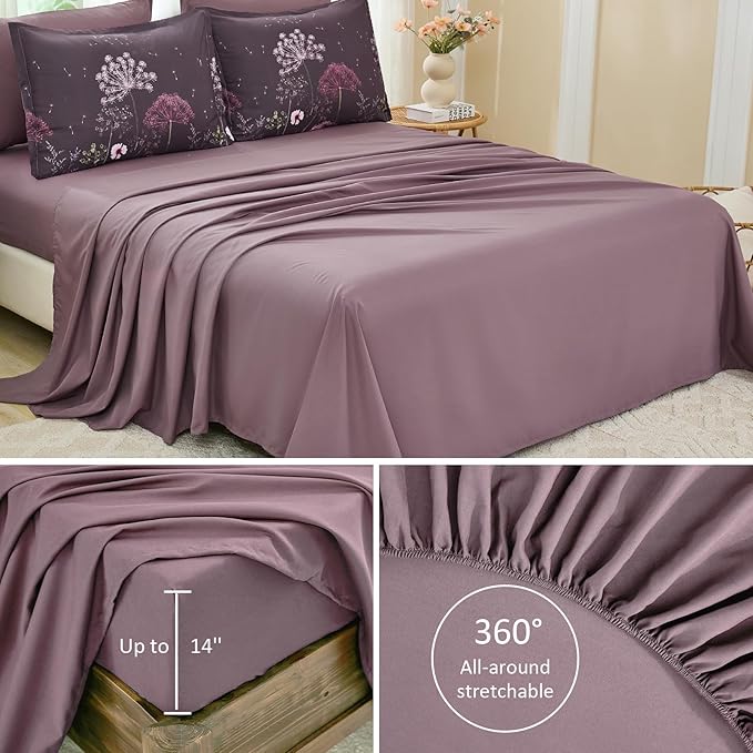 Yiran Purple Comforter Set King Size, 7 Piece Floral Dandelion Comforter Bedding Set, Botanical Bed in a Bag King, Soft Microfiber Complete Bedding Set with Sheets for All Season
