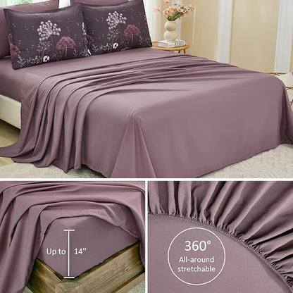 Yiran Purple Comforter Set King Size, 7 Piece Floral Dandelion Comforter Bedding Set, Botanical Bed in a Bag King, Soft Microfiber Complete Bedding Set with Sheets for All Season