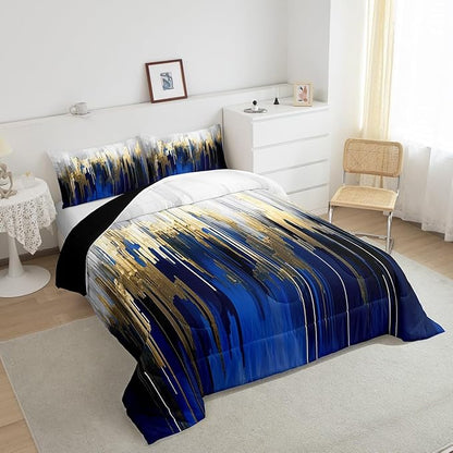 Abstract Art Bedding Set King Navy Gold Grey Comforter Set, Stripe Duvet Insert Golden Metallic Sequins Quilt Sets, Dark Blue Tie Dye Bedding Comforters & Sets Luxurious Modern Bedroom Decor