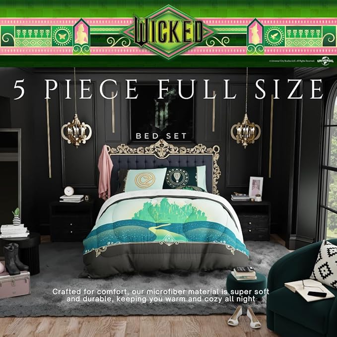 Collectibles Wicked Elphaba and Glinda Bedding 5 Piece Super Soft Reversible Comforter and Sheet Set, Full, (Officially Licensed Product) by Franco