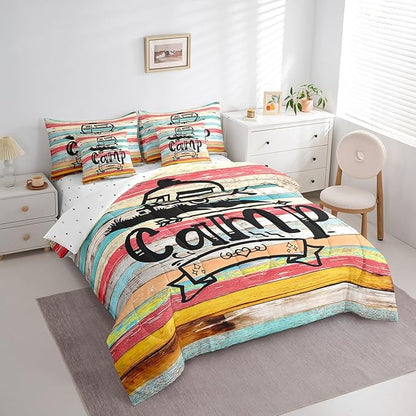 King Size 7-Piece Camping Comforter Set Bed in a Bag for Rv & Camper Lovers - 1 Comforter, 1 Flat Sheet, 2 Pillowcases & 2 Throw Pillow Covers