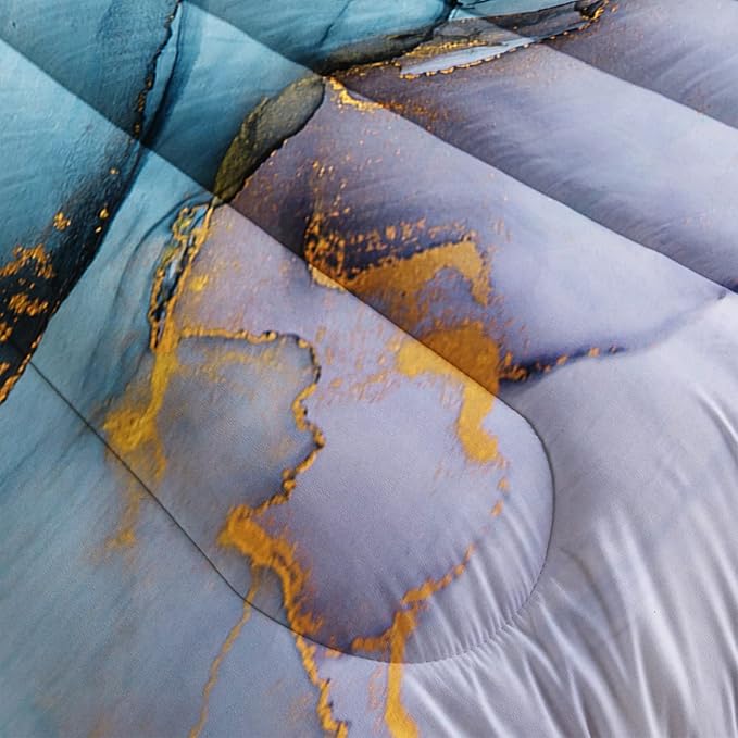 HOSIMA Marble Abstract Bedding Set Twin Size, Gold and Blue Marble Comforter Set for Girls Kids Women Bedroom Decor,Bedding Comforter Sets 3 Pieces with 2 Pillowcases.