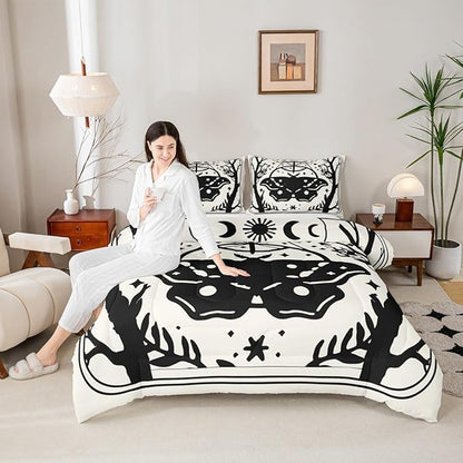 Erosebridal Gothic Moth Comforter Set Queen, Halloween Moth Bedding Set, Goth Comforter, Sun and Moon Quilt for Kids Boys Girls Teens Terror Halloween Decor, Lightweight