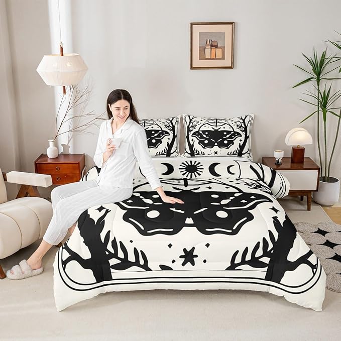 Erosebridal Gothic Moth Comforter Set King, Halloween Moth Bedding Set, Goth Comforter, Sun and Moon Quilt for Kids Boys Girls Teens Terror Halloween Decor, Lightweight