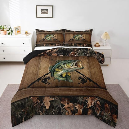 Erosebridal Camo Bass Fish Full Bedding Set Pike Fish Fishing Comforter Set for Kids Boys Teen Men Camouflage Hunting Bed Comforter Sets,Rustic Farmhouse Quilt Duvet