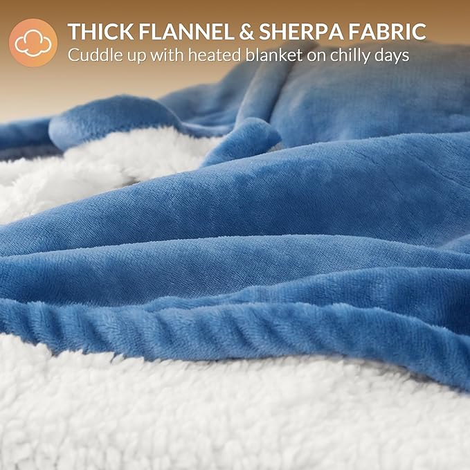 HOMLYNS LuxeHeat Heated Blanket Electric Blanket, Soft Flannel Sherpa Heated Throw, Heating Blanket with 5 Heat Settings, 3 hrs Timer Auto Shut Off (50x60 inches, Blue)