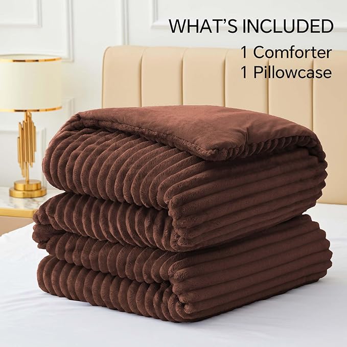 BEDELITE Fleece Twin Comforter Set -Super Soft & Warm Fluffy Hot Chotolate Bedding, Luxury Fuzzy Heavy Bed Set for Winter with 1 Pillow case