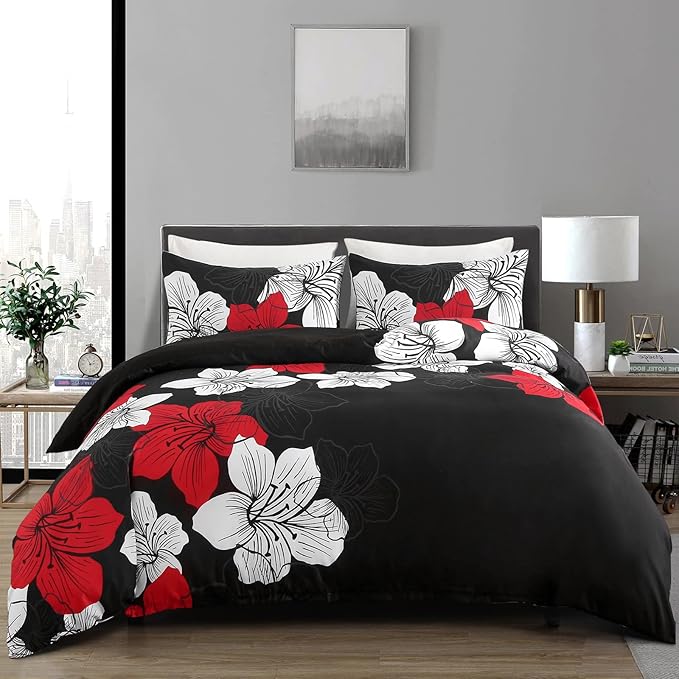 Menghomeus Black Red Floral Comforter Set King Soft Comforter Botanical Bedding Sets Modern Lightweight Boho Bed Set for Women Adults Teens (1 Comforter, 2 Pillowcases)