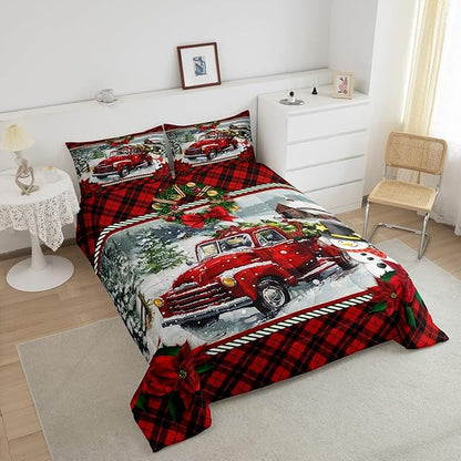 Christmas Truck Comforter Set Full Size Kids Girls Boys Red Plaid Decor Pine Tree Bedding Set 3pcs Winter Snow View Quilt Set Happy New Year Gifts Duvet Insert with 2 Pillowcases