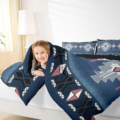 Erosebridal Southwestern Aztec Toddler Bedding Set, Rustic Western Comforter Set, Exotic American Native Quilt for Boys Teens Men Bedroom, Vintage Bohemian Geometric Bedding Comforter Sets, Dark Blue