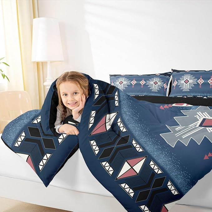Erosebridal Southwestern Aztec Queen Bedding Set, Rustic Western Comforter Set, Exotic American Native Quilt for Boys Teens Men Bedroom, Vintage Bohemian Geometric Bedding Comforter Sets, Dark Blue
