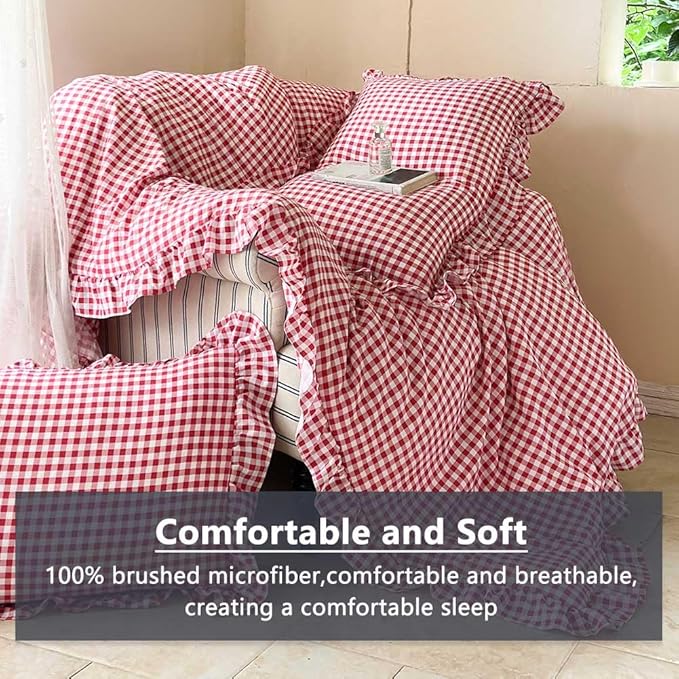 NSNLGSGC Red Ruffle Gingham Comforter Set Queen, Pre-Washed Ruffled Plaid Checked Comforter Bedding, 3 Pieces Vintage Farmhouse Grid Bedding Set(Red Gingham, Queen)