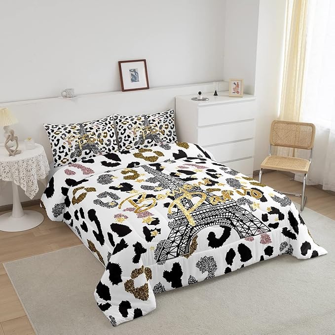 Feelyou Eiffel Tower Comforter Set Leopard Print Bedding Set for Kids Boys Girls Paris Tower Comforter Cheetah Print Quilt Set 1 Comforter Set with 2 Pillowcases Full Size