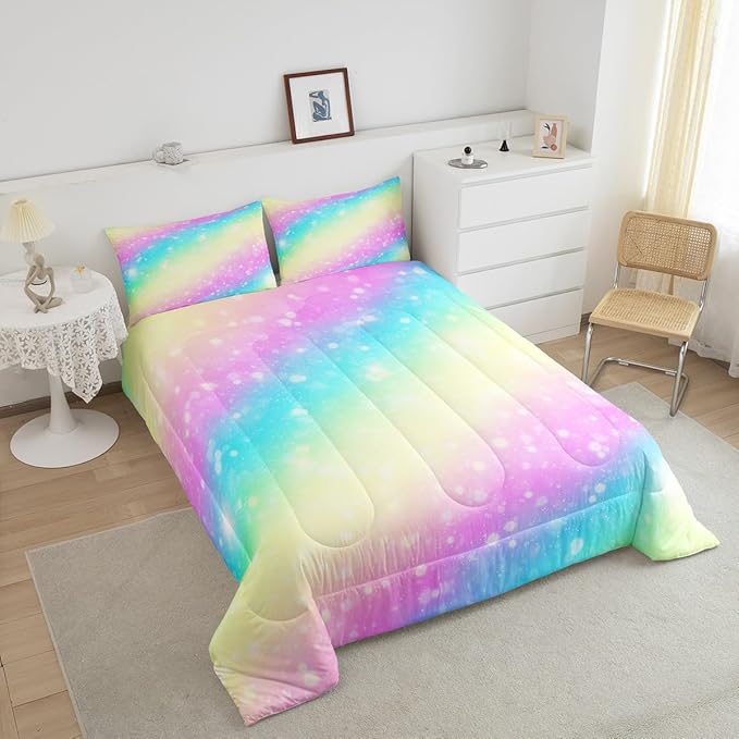 Feelyou Rainbow Comforter Set Toddler, Tie Dye Pastel Bedding Set Stars Glitter Comforter for Kids Colorful Stripes Bedspread C Room Decor with 1 Pillow Case