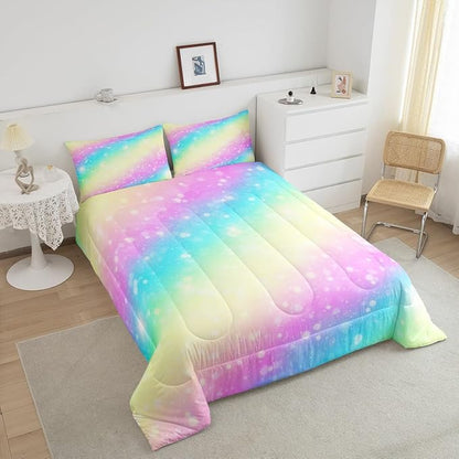 Feelyou Rainbow Comforter Set Toddler, Tie Dye Pastel Bedding Set Stars Glitter Comforter for Kids Colorful Stripes Bedspread C Room Decor with 1 Pillow Case