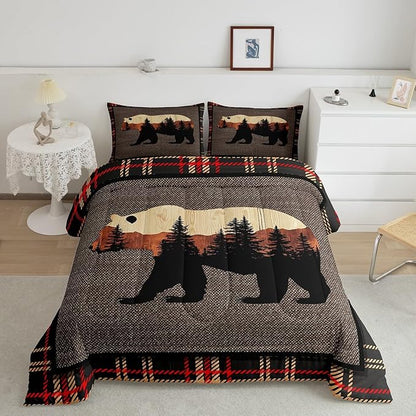 Erosebridal Hunting Bear Comforter Set Twin,Rustic Farmhouse Bedding Comforter Set,Buffalo Plaid Grid Bedding Set for Boys Girls,Kids Woodland Wild Animals Duvet Set Cabin Lodge Decor,Orange Grey