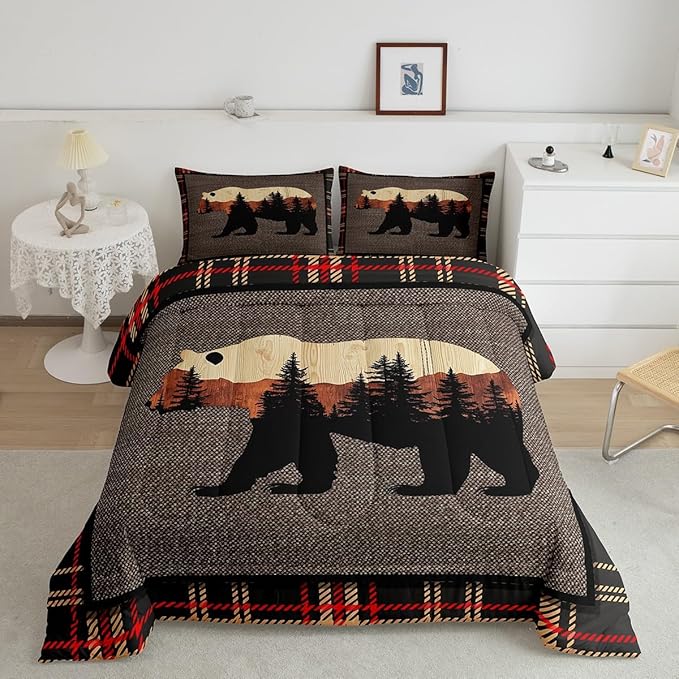 Erosebridal Hunting Bear Comforter Set Queen,Rustic Farmhouse Bedding Comforter Set,Buffalo Plaid Grid Bedding Set for Boys Girls,Kids Woodland Wild Animals Duvet Set Cabin Lodge Decor,Orange Grey