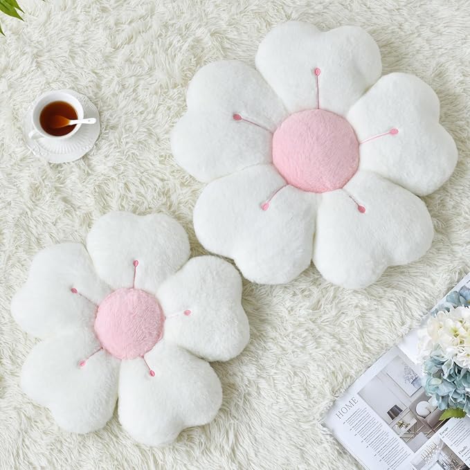Flower Pillow, Flower Shaped Pillow Decorative Throw Pillows for Bed Couch, Cute Daisy Pillow Dorm Decor Floor Seating Cushion (White, 15 Inches)