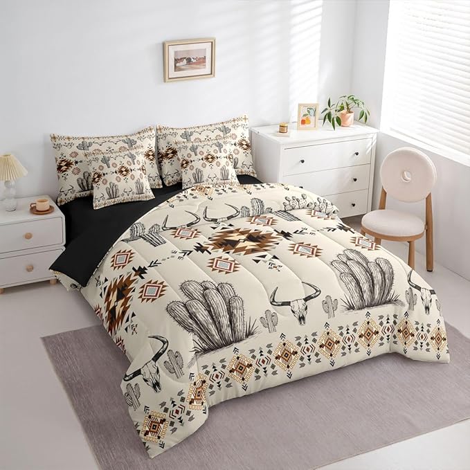 Erosebridal Western Aztec Bedding Set Full Rustic Country Southwestern Comforter Set 7 Piece Boho Tribal Geometric Ethnic Bed in A Bag for Men Vintage Cactus Bull Skull Quilt with Flat Fitted Sheet