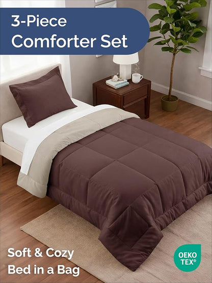 Twin XL Comforter Set - 2 Piece Bed Set for All Seasons - 1 Soft Quilted Comforter with Corner Tabs & 1 Pillow Sham - Comfy, Cozy & Breathable - Premium Down Duvet Insert - Twin XL Size, Brown/Beige