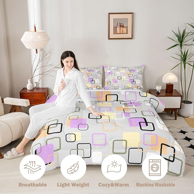 Erosebridal Retro Geometric Square Comforter Set Queen Pastel Purple Grey Plaid Bedding Set Modern Abstract Checkerboard Comforter for Kids Girls Boys Checkered Latticed Quilt Duvet