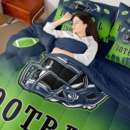 Erosebridal Football Bed in A Bag American Soccer Sports 7 Piece Bedding Set Rugby Sports Games Comforter Set with Sheets Blue Green Soft Lightweight Bed Set Full for Kids Boys Teen Adults