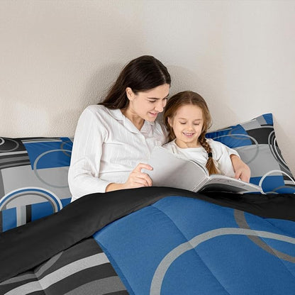 Erosebridal Abstract Circles Comforter Set Full Modern Blue Black Grey Bedding Checkered Swirls Quilt Set Geometric Striped Duvet Insert Curved Lines Bed Set Modern Creative Quilted Comforter